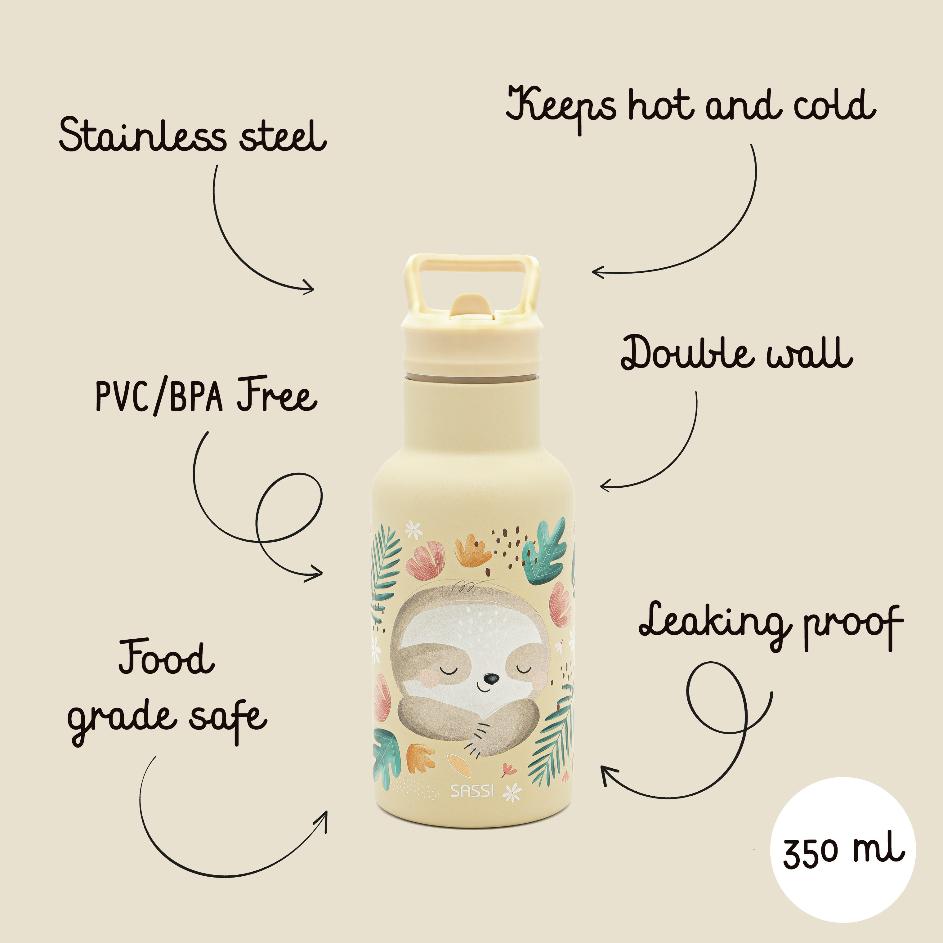 SASSI Shishe termike për fëmijë 350 ml (çelik inox / mur i dyfishtë) – Sloth