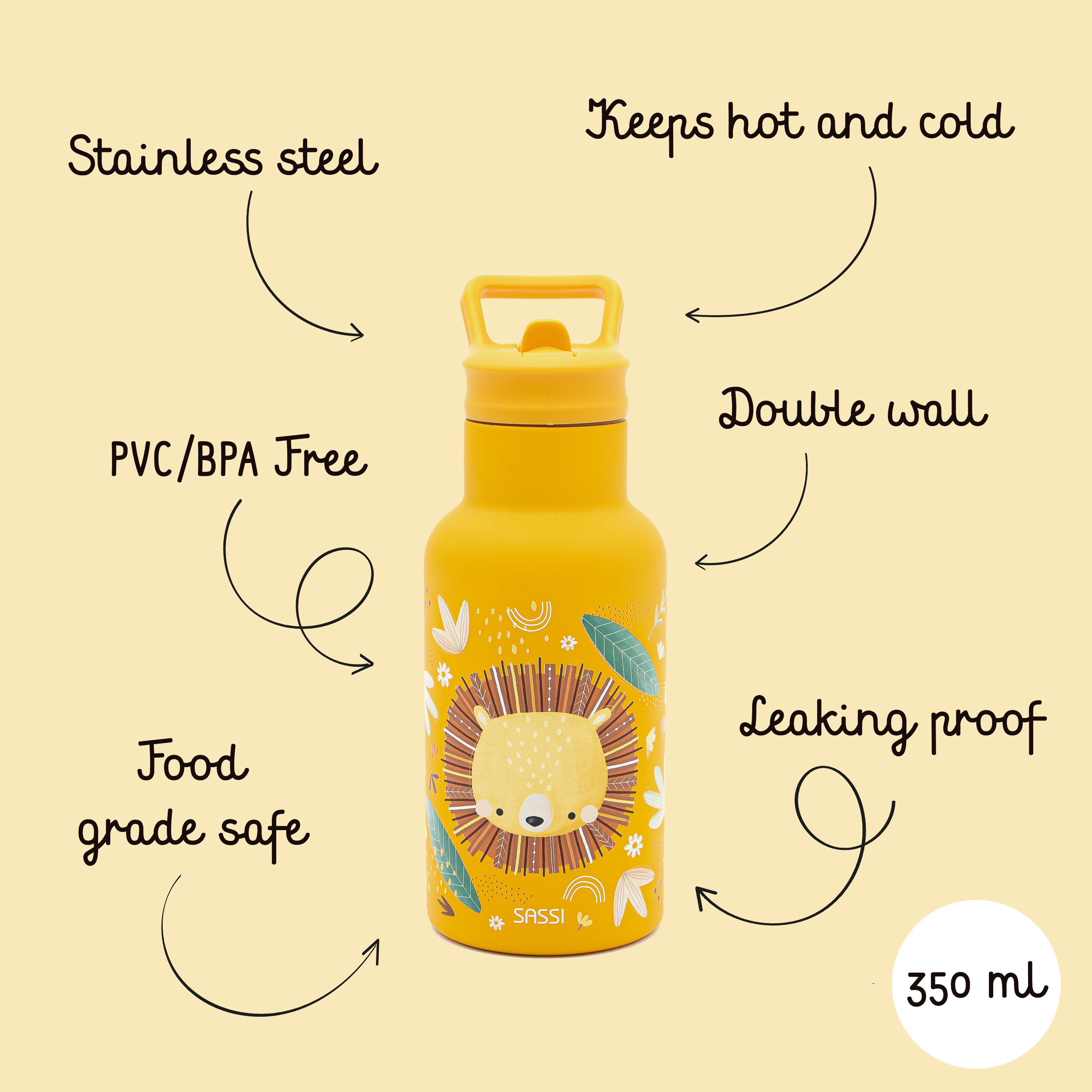 SASSI Термос шише за деца 350 ml (нерѓосувачки челик / двоен ѕид) – Lion