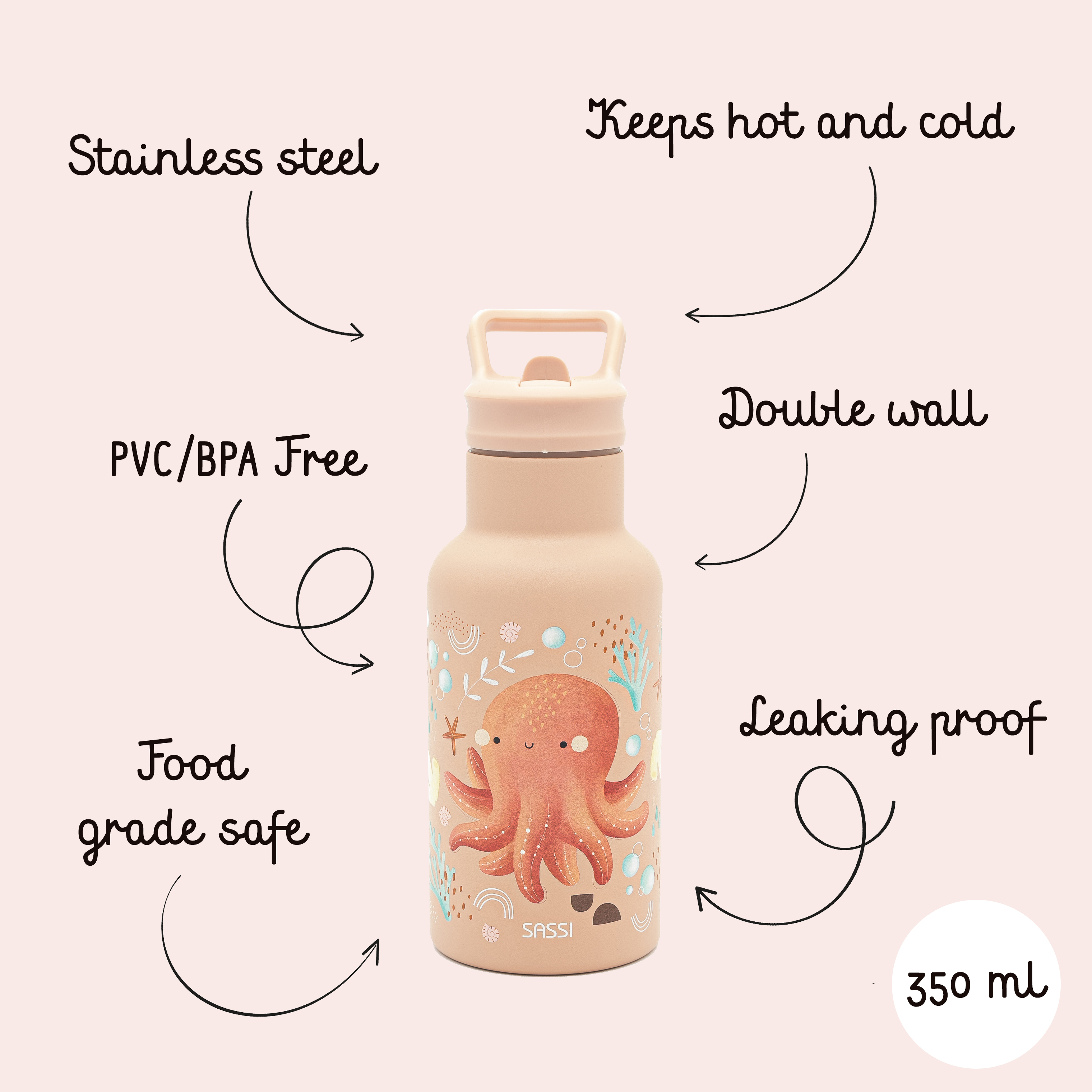 SASSI Термос шише за деца 350ml (нерѓосувачки челик/двоен ѕид) - Octopus