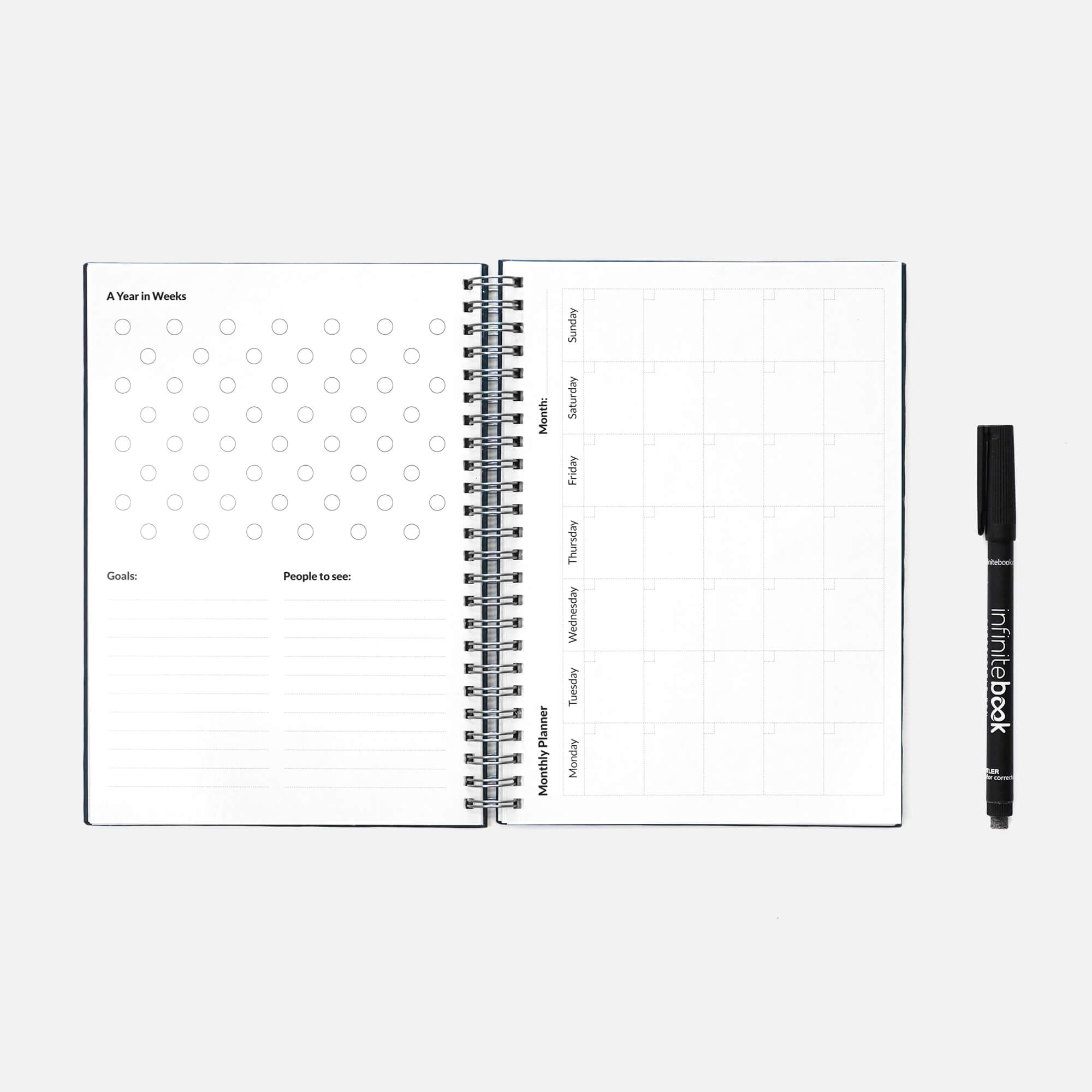 Реупотреблив планер Starter Kit Infinitebook A5 Planner Blue Hard Cover ( маркер,прскалка,крпче,сунѓер)