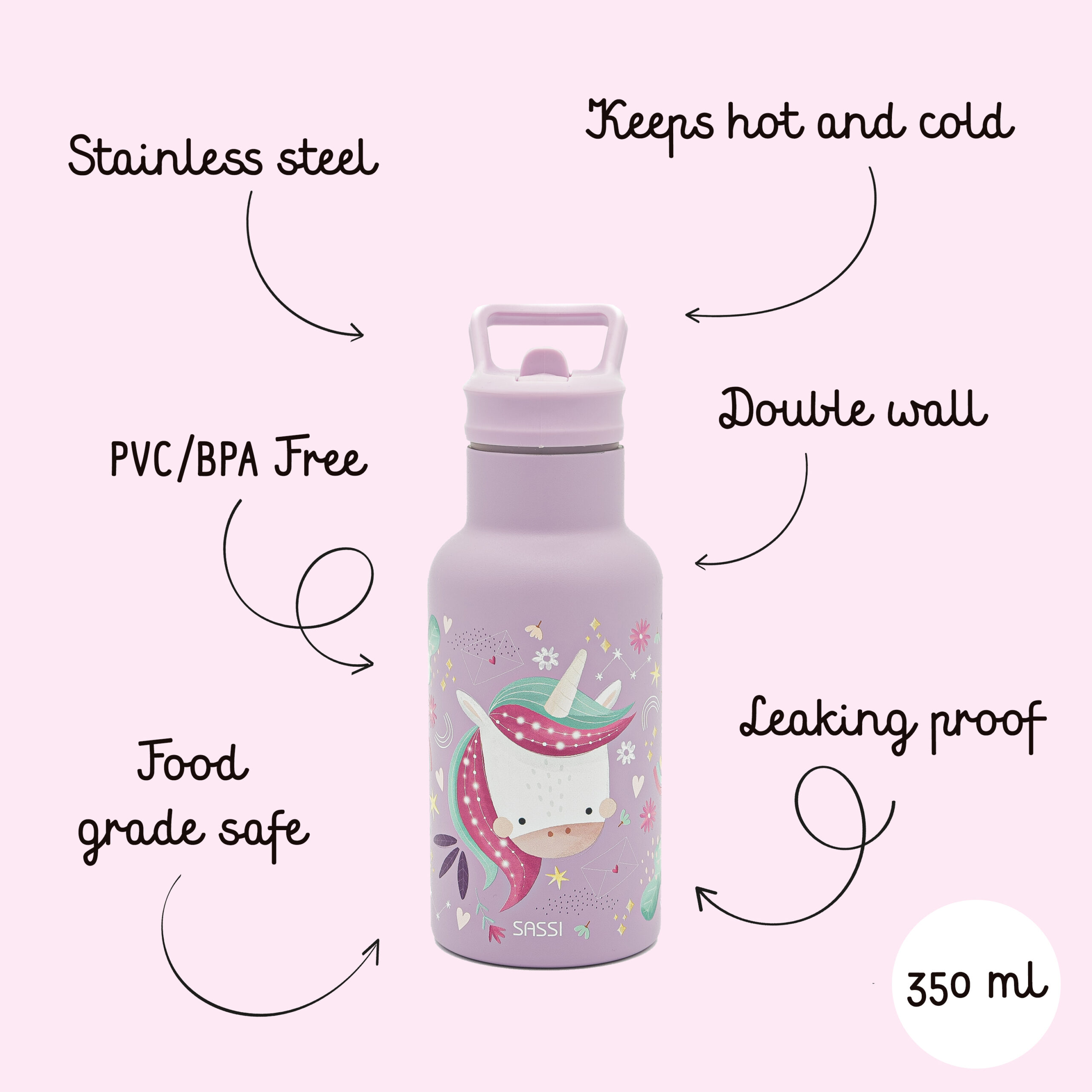 SASSI Термос шише за деца 350ml (нерѓосувачки челик/двоен ѕид) –Unicorn