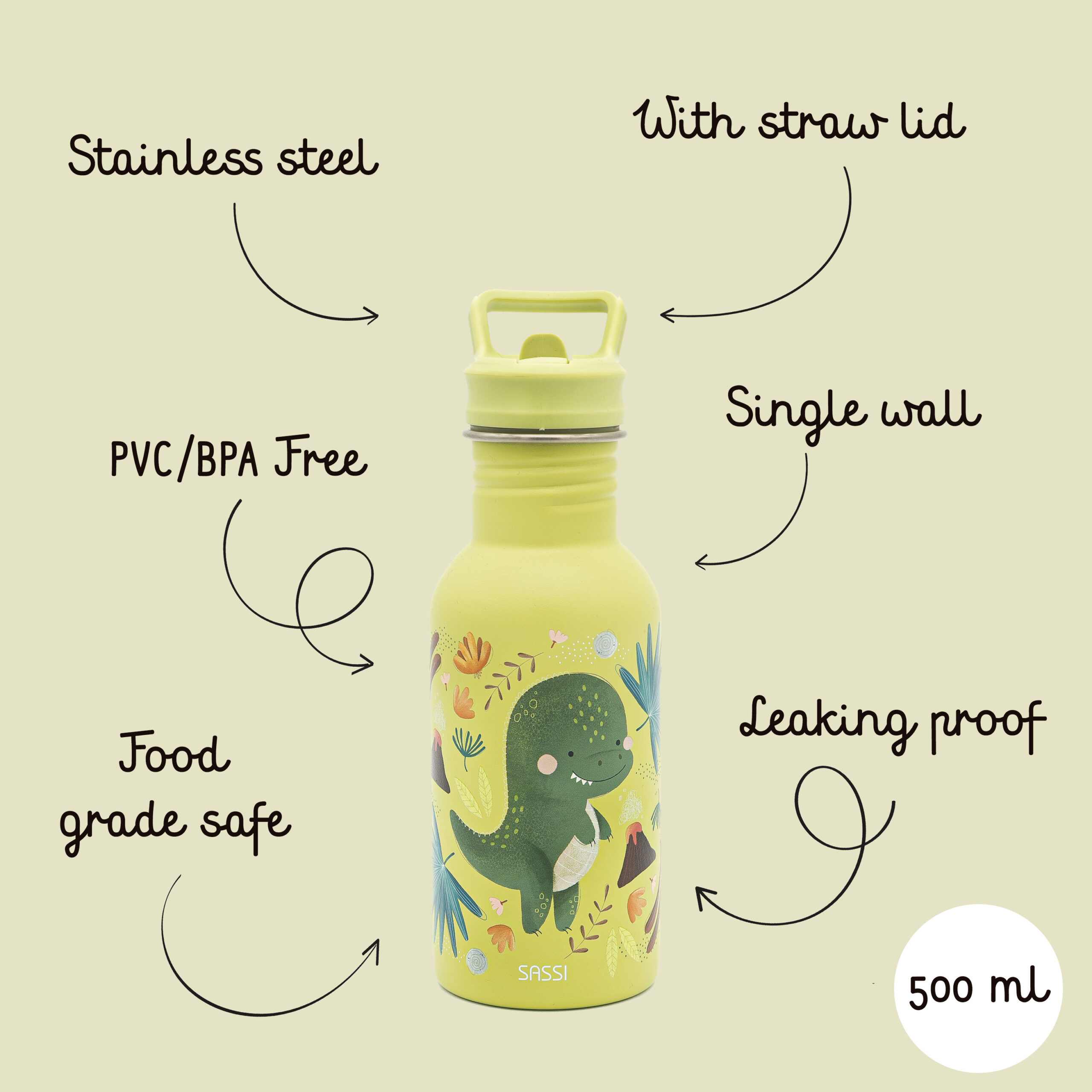 SASSI Термос шише за деца 500 ml (нерѓосувачки челик) – Dinosaur