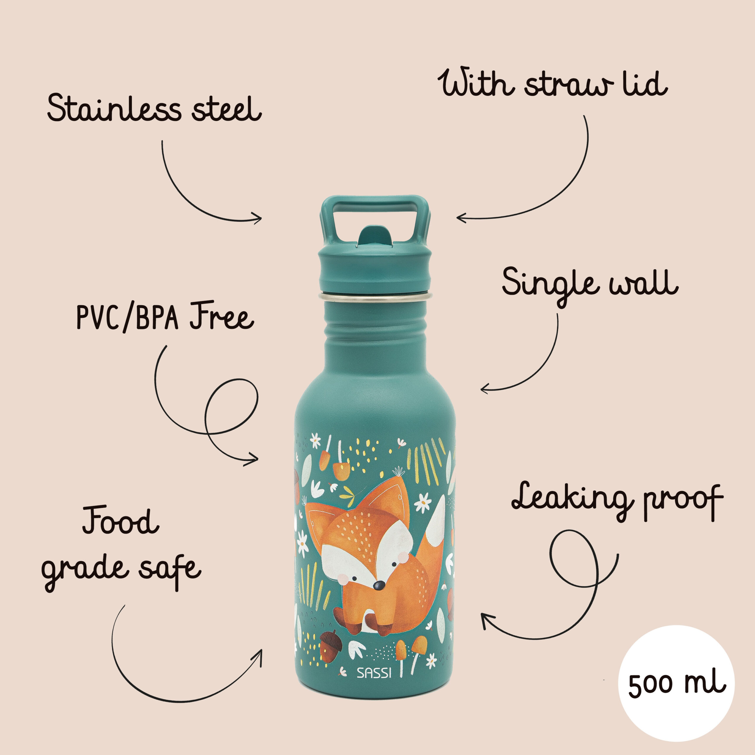 SASSI Термос шише за деца 500 ml (нерѓосувачки челик) – Fox