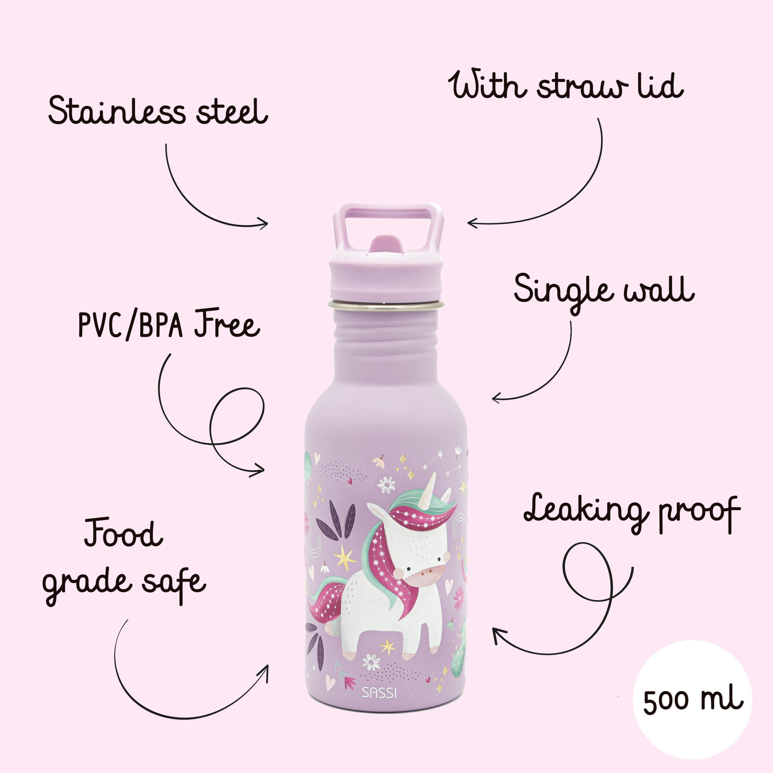 SASSI Термос шише за деца 500 ml (нерѓосувачки челик) – Unicorn