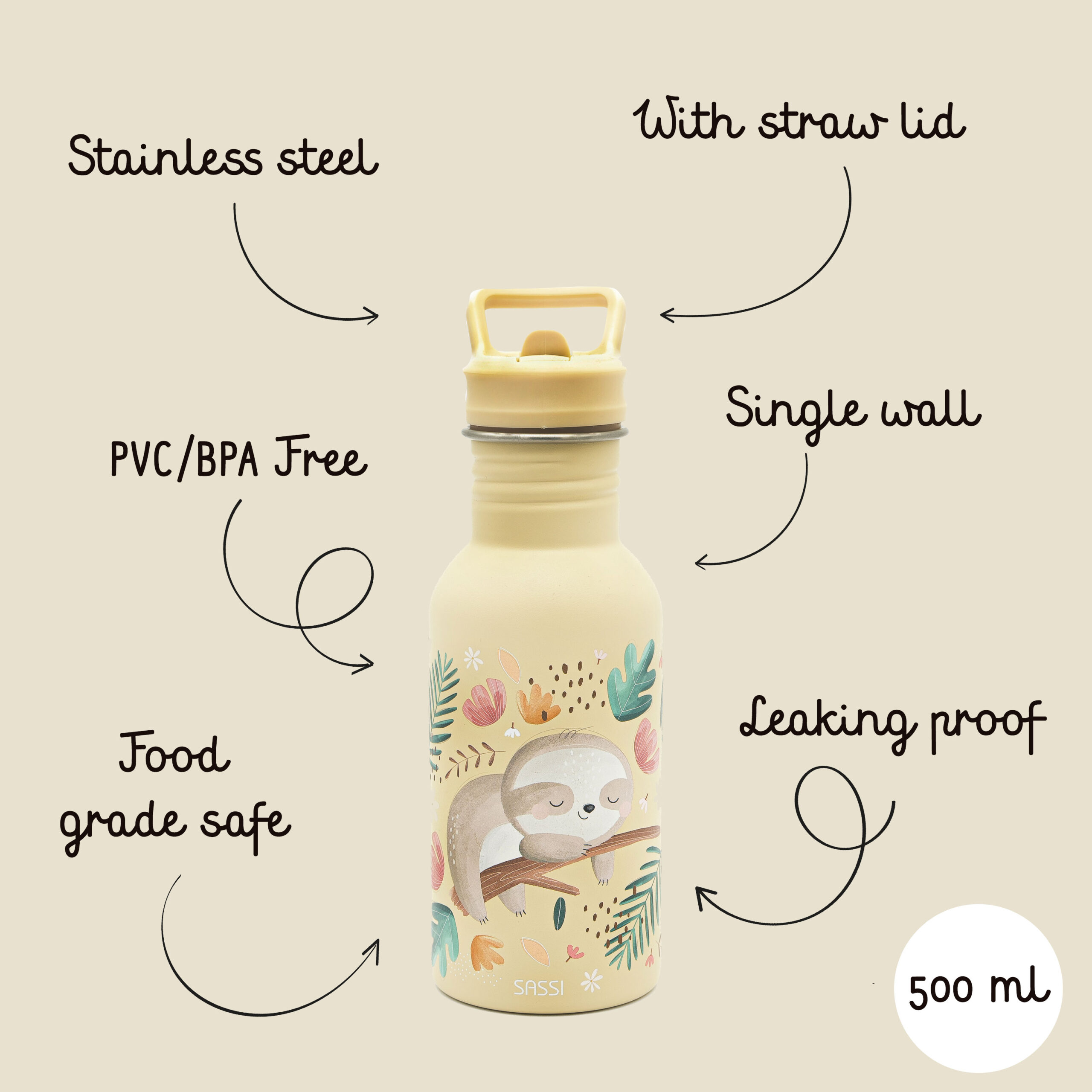 SASSI Термос шише за деца 500 ml (нерѓосувачки челик) - Sloth